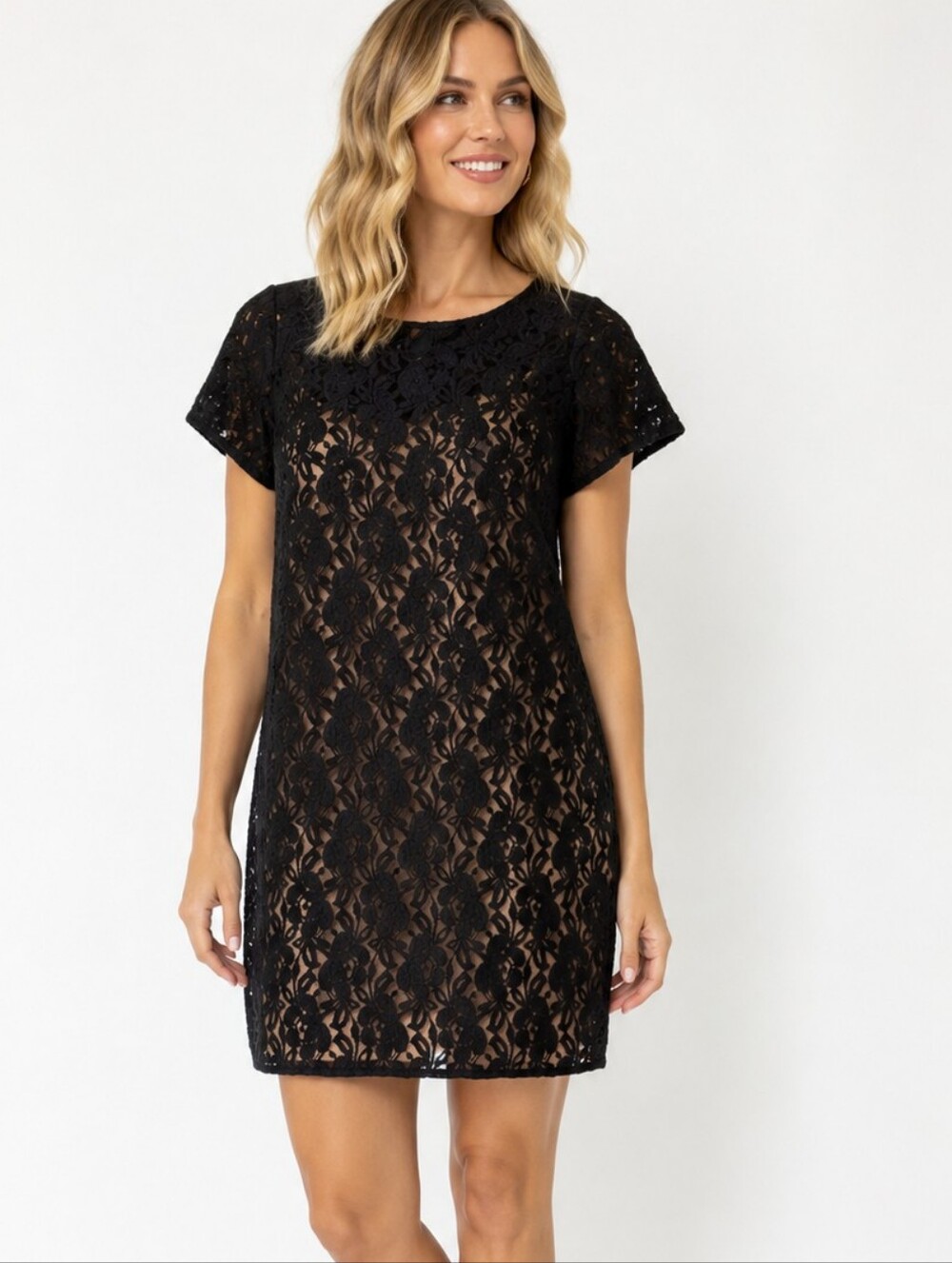 Loft Black Cotton Blend Lace Dress Short Sleeve